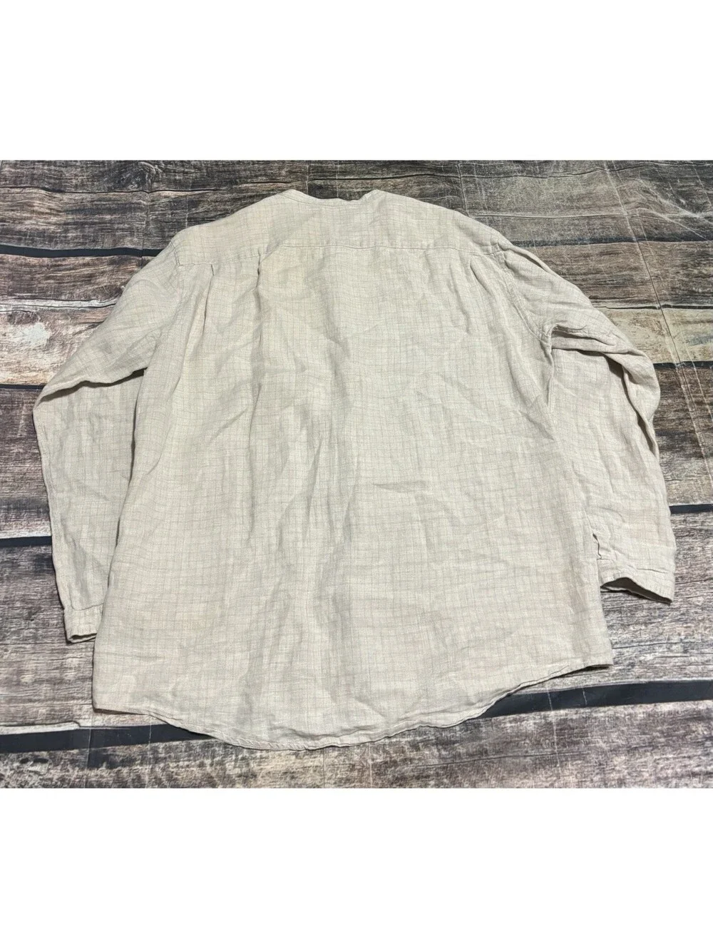 90s J Crew Shirt Mens Large Linen Check Beige Band Collar Pocket